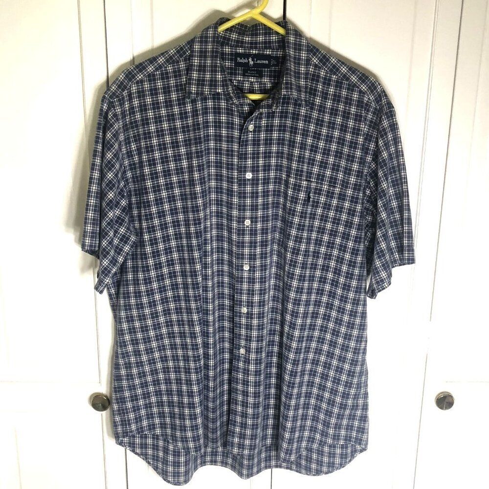 Men's Ralph Lauren BLAKE Short Sleeve Plaid Button Up Shirt Large 100% Cotton